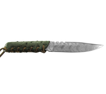 Wildsteer Baby Wild Knife BWI4104 Damaskusblad 9 cm grønt læderhåndtag + matchende læderskede