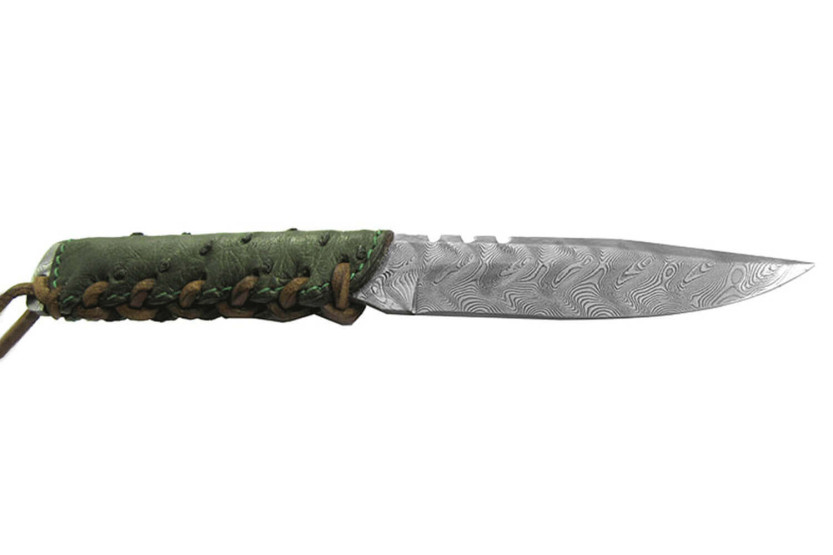 Wildsteer Baby Wild Knife BWI4104 Damaskusblad 9 cm grønt læderhåndtag + matchende læderskede