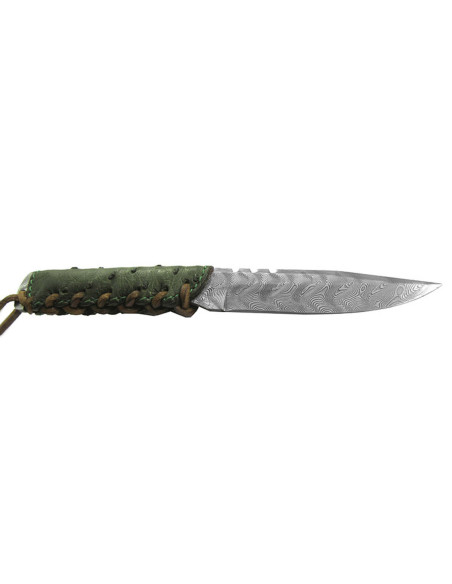 Wildsteer Baby Wild Knife BWI4104 Damaskusblad 9 cm grønt læderhåndtag + matchende læderskede