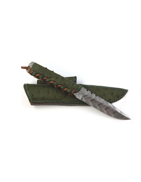 Wildsteer Baby Wild Mes BWI4104 Damascus lemmet 9cm groen leren handvat + bijpassende leren schede