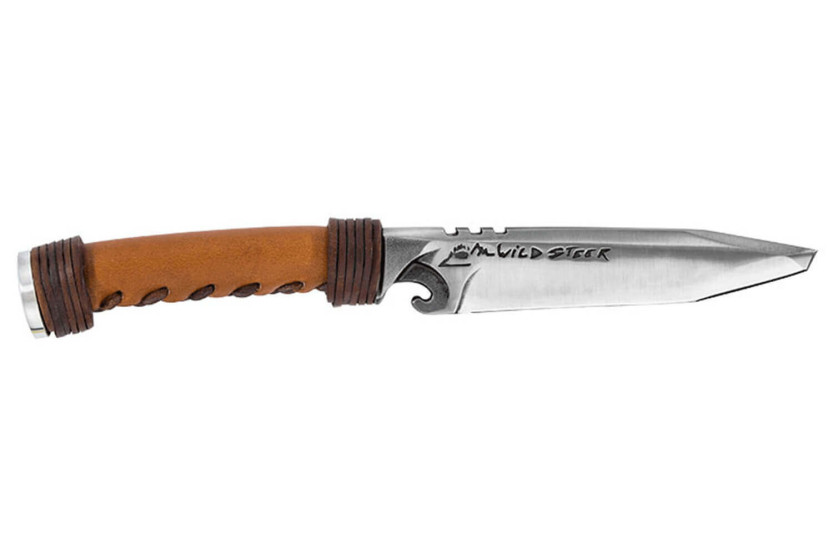 Wildsteer WILD0101P smidd jaktkniv 11,5cm tantoblad ljust läderhandtag + matchande läderslida + flintsten