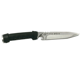 Wildsteer WILD0103P smidd jaktkniv 11,5 cm tantoblad svart lærhåndtak + flint + matchende lærslire