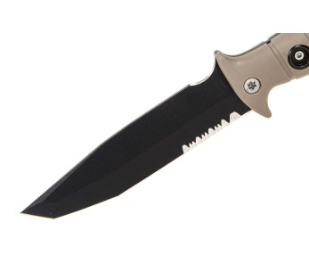 Wildsteer Tork overlevelseskniv svart halvsaget blad 13,3 cm brunt taktiprenhåndtak med glassknuser + slire + flint 2