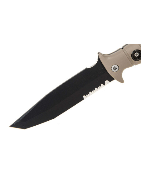 Wildsteer Tork overlevelseskniv svart halvsaget blad 13,3 cm brunt taktiprenhåndtak med glassknuser + slire + flint