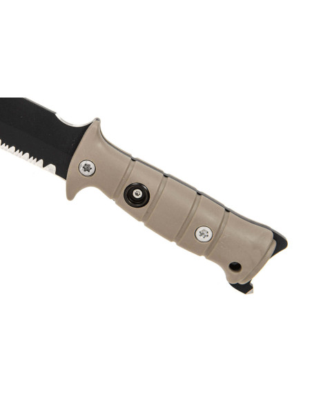 Wildsteer Tork Survival Messer schwarze Klinge mit Halbzahn 13,3cm brauner Tactipren-Griff mit Glasbrecher + Etui + Feuerstein