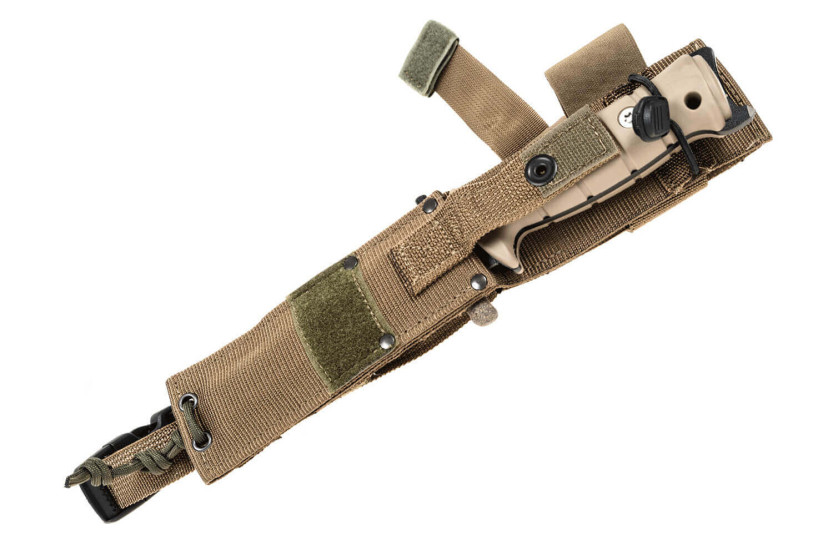 Wildsteer Tork overlevelseskniv svart halvsaget blad 13,3 cm brunt taktiprenhåndtak med glassknuser + slire + flint