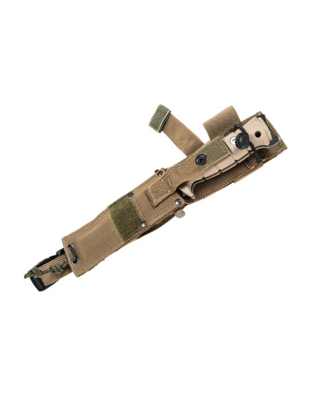 Wildsteer Tork överlevnadskniv svart halvslipat blad 13,3cm brunt Tactiprene-handtag med glasbrytare + slida + flinta