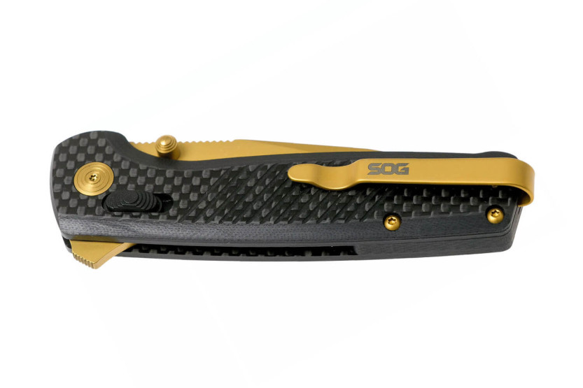 SOG Terminus XR LTE GOLD SGTM1033 taittoveitsi kultainen terä G10/carbon kahva 10.8cm musta