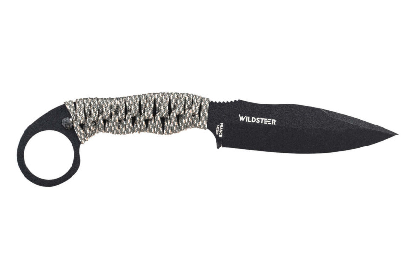 Wildsteer Talim TAL3114 coltello 9,7cm lama nera manico paracord urban camo + fodero Kydex