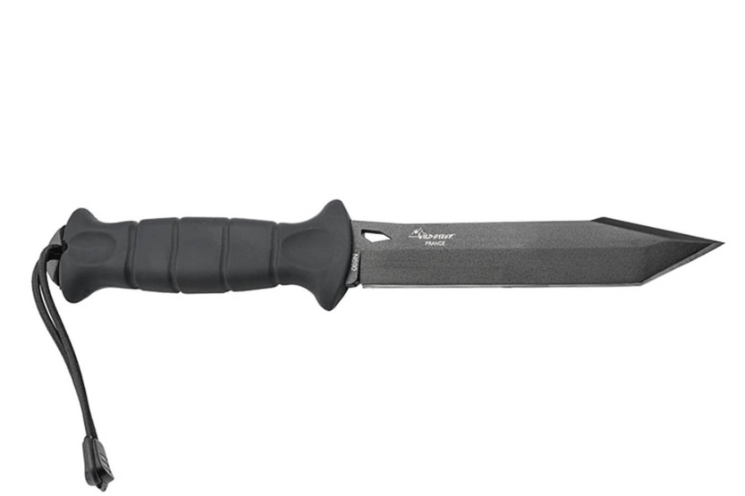 Wildsteer Sherkan SHE3113 lâmina tanto preta 13,5cm cabo em tactiprene preto + bainha em POM/nylon