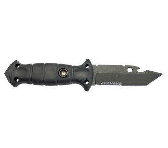 Wildsteer Spike SPI3213 veitsi 9.5cm puolihammastettu tanto terä musta tactiprene kahva + lasinmurtava pommeli + nylon tuppi