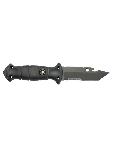 Cuchillo Wildsteer Spike SPI3213 9.5cm hoja tanto semi-dentada mango tactiprene negro + pomo rompe-cristales + funda de nylon
