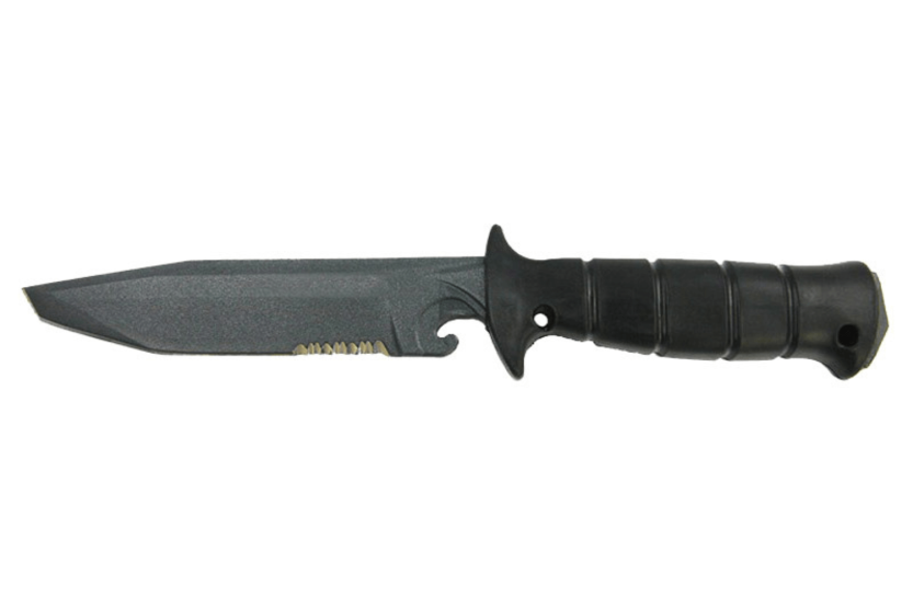 Couteau Wildsteer Wing-Tactic WING06213 lame semi-dentée 12,5cm sans logo GIGN manche kraton noir + brise-vitre + étui POM