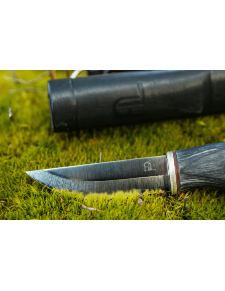 Arctic Legend Handicraft AL009 cuchillo hecho a mano 7.7cm hoja mango de madera teñida negra + funda de cuero