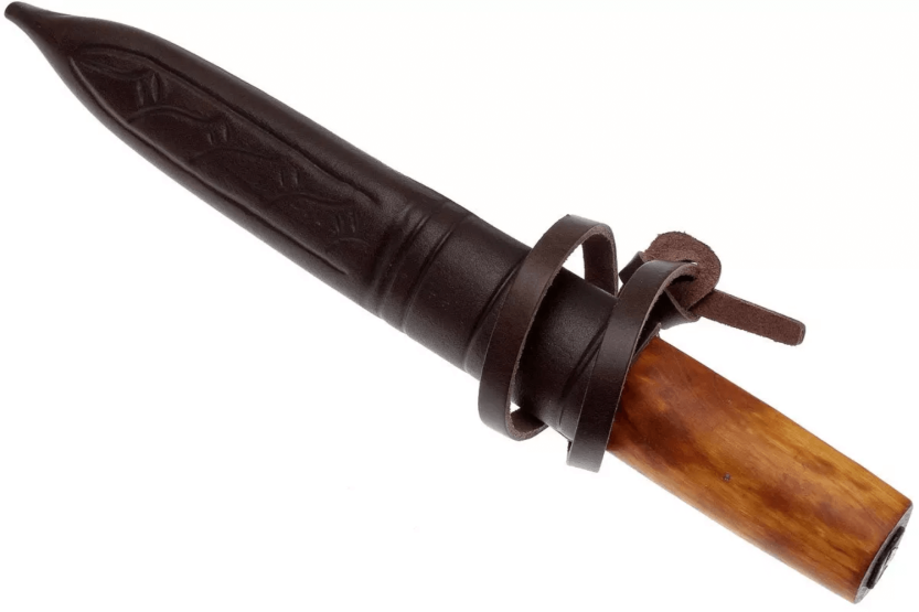 Cuchillo Helle Viking H096 11cm hoja acero carbono mango madera abedul + funda cuero
