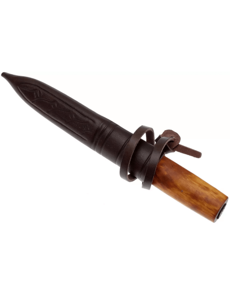 Cuchillo Helle Viking H096 11cm hoja acero carbono mango madera abedul + funda cuero