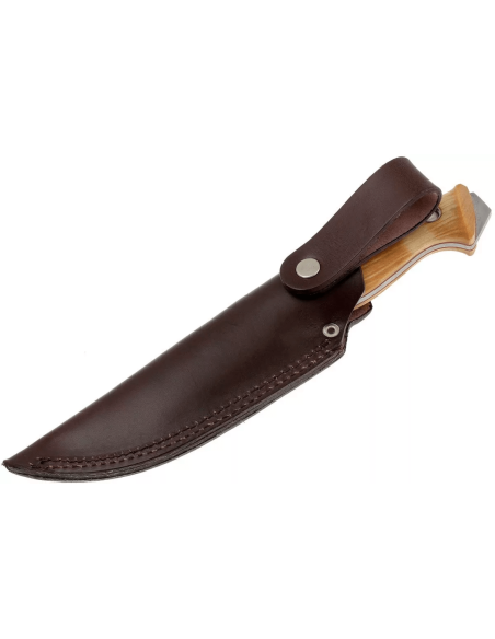 Helle Utvaer H600 veitsi 10cm terästä terä kihara koivukahva + nahkatuppi