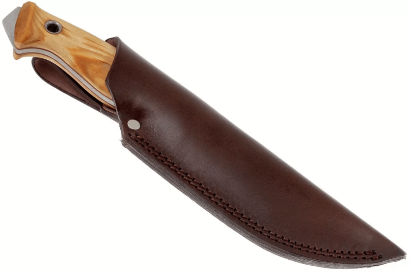 Cuchillo Helle Utvaer H600 10cm hoja de acero mango de abedul rizado + funda de cuero
