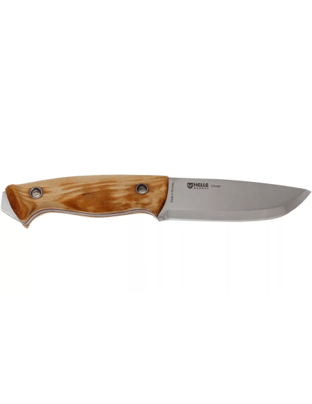 Cuchillo Helle Utvaer H600 10cm hoja de acero mango de abedul rizado + funda de cuero