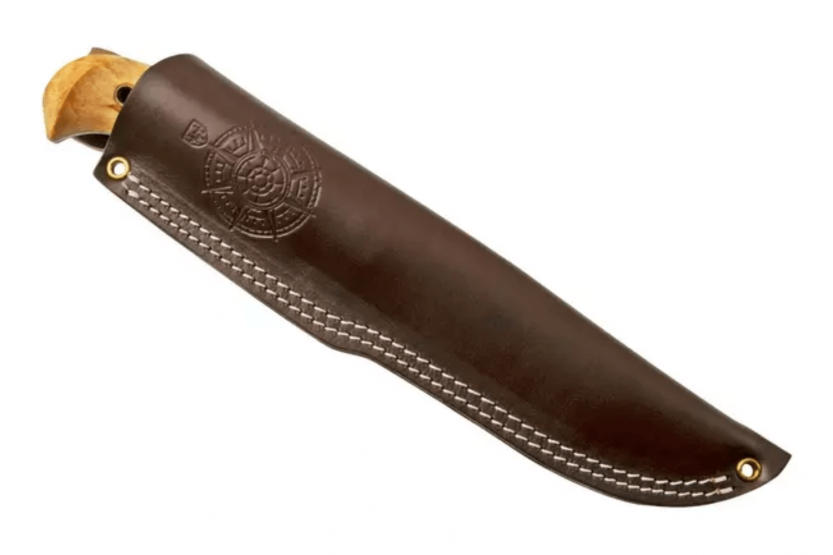 Helle Nord H670 kniv 14,7cm stålblad lockigt björkhandtag + läderslida
