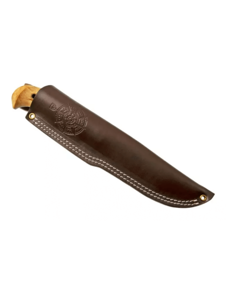 H670 Cuchillo Helle Nord 14.7cm hoja de acero mango de abedul rizado + funda de cuero