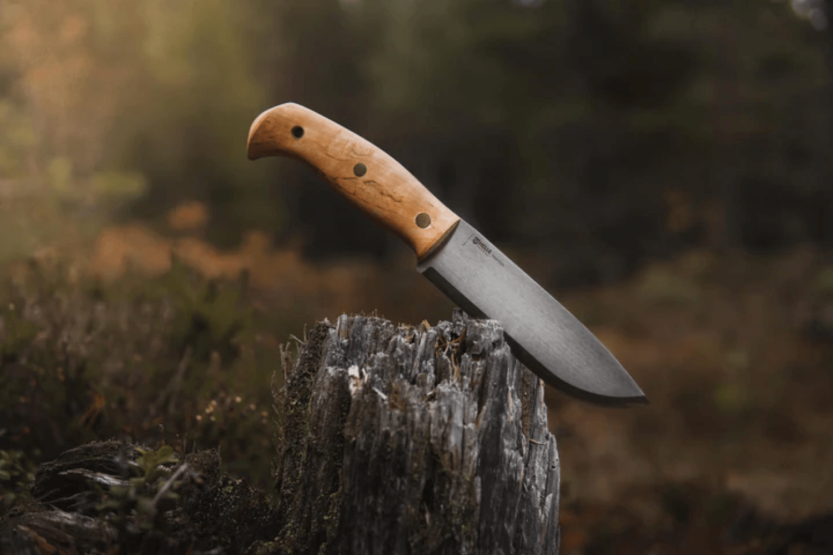 H670 Faca Helle Nord Lâmina de aço de 14,7 cm Cabo de bétula encaracolado + bainha de couro