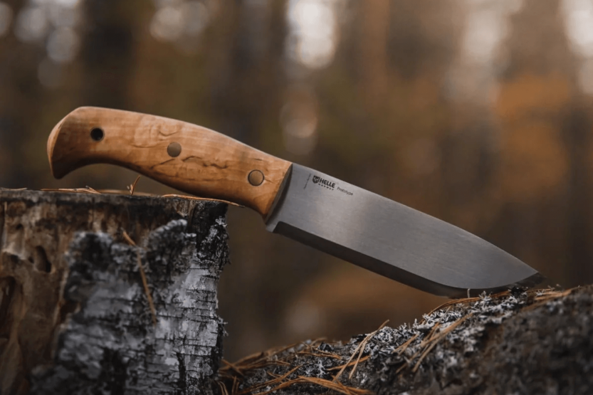 Helle Nord H670 kniv 14,7 cm stålblad krøllet birkehåndtag + læderskede