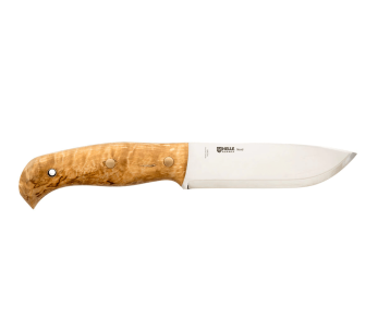 H670 Cuchillo Helle Nord 14.7cm hoja de acero mango de abedul rizado + funda de cuero