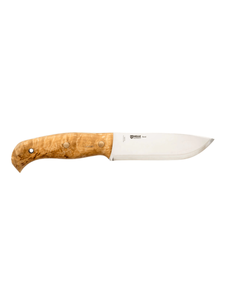 Helle Nord H670 kniv 14,7cm stålblad lockigt björkhandtag + läderslida