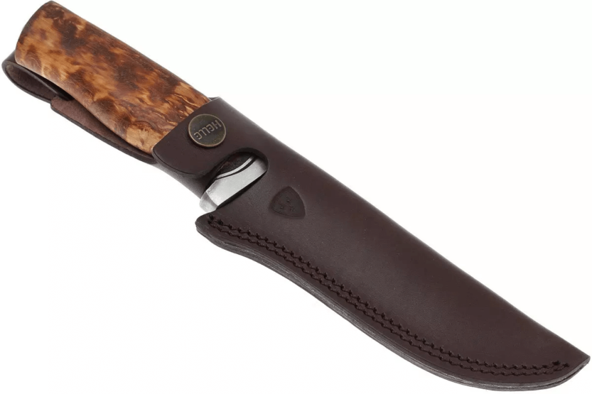Helle GT H036 mes 12,3cm roestvrij staal krullend berken handvat + leren schede