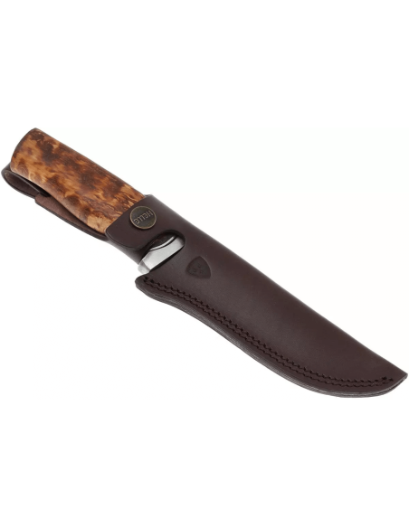 Helle GT H036 kniv 12,3 cm rustfrit stålblad krøllet birkehåndtag + læderskede