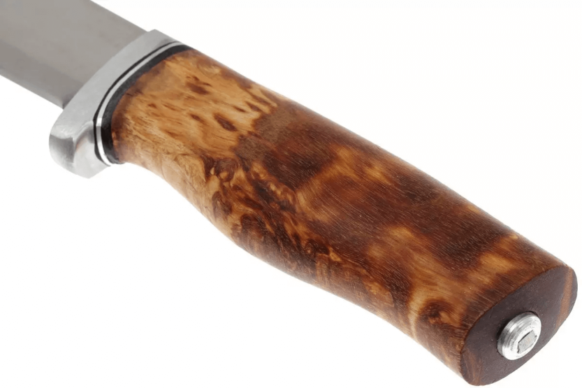 Helle GT H036 mes 12,3cm roestvrij staal krullend berken handvat + leren schede