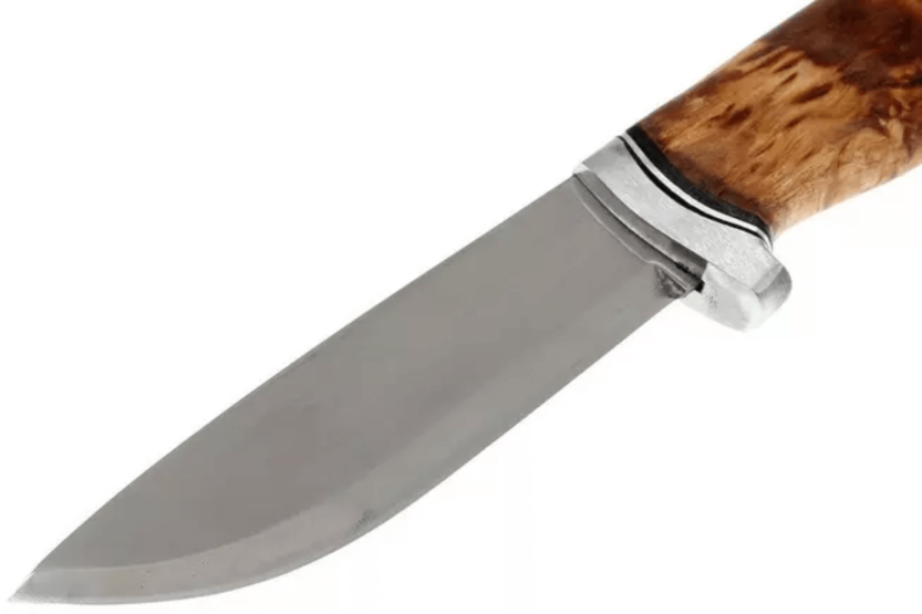 Helle GT H036 kniv 12,3 cm blad i rostfritt stål med handtag i lockig björk + läderslida