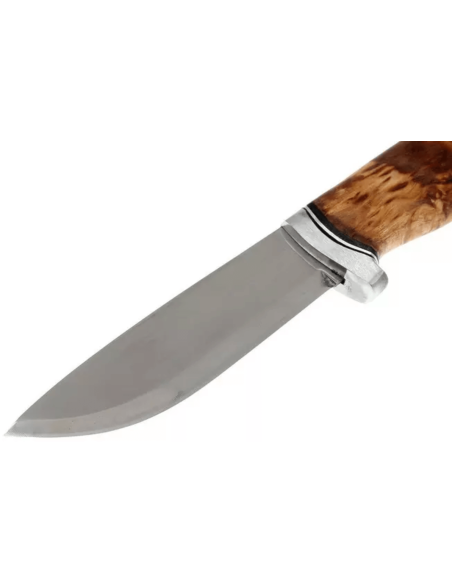 Cuchillo Helle GT H036 12.3cm hoja de acero inoxidable mango de abedul rizado + funda de cuero