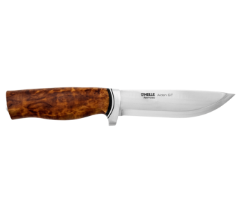 Helle GT H036 veitsi 12.3cm ruostumattomasta teräksestä valmistettu terä kihara koivukahva + nahkatuppi
