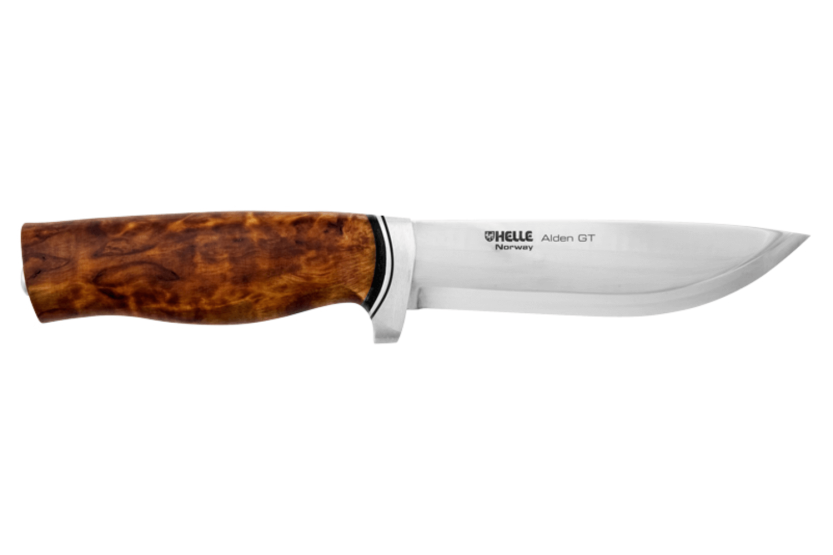 Cuchillo Helle GT H036 12.3cm hoja de acero inoxidable mango de abedul rizado + funda de cuero