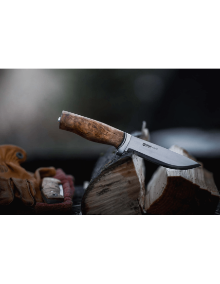 Helle GT Messer H036 12,3cm Edelstahlklinge Griff aus gekräuselter Birke + Lederetui