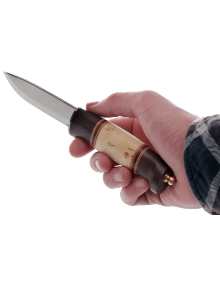 Helle Harding H099 kniv 10 cm blad bjørk og eik håndtak med skinn + skinnslire