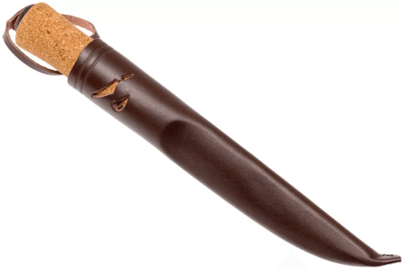 Helle Hellefisk H120 kniv blad i rostfritt stål 12,3 cm korkhandtag + läderslida
