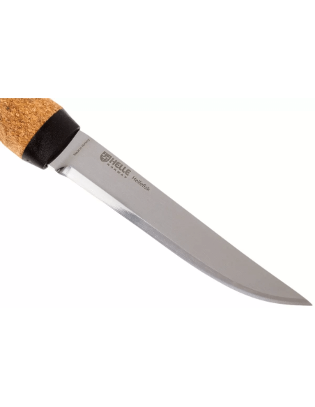 Helle Hellefisk H120 roestvrijstalen mes 12,3cm kurk handvat + leren schede