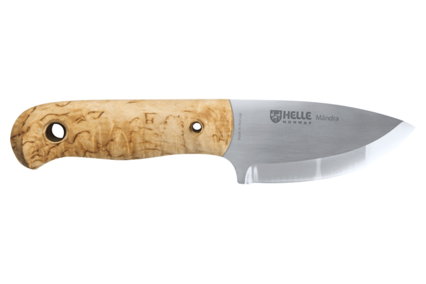 Helle Mândra H620 kniv 6,9 cm rustfrit stålblad birkeskæfte + læderskede