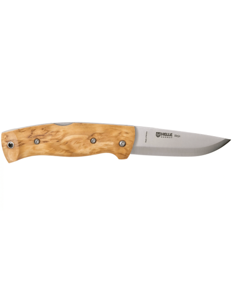 Faca dobrável Helle Bleja H625 Cabo de madeira de bétula de 11,7 cm + bainha de couro