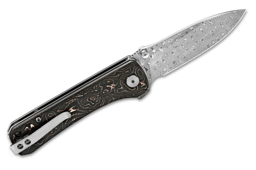 QSP Hawk 131S foldekniv i damaskusstål med håndtak i karbonfiber og kobber 10,5 cm