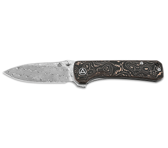 Faca dobrável QSP Hawk 131S aço damasco fibra de carbono e cabo de cobre 10,5 cm