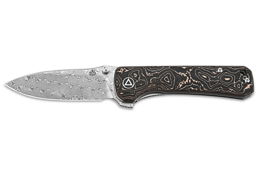 QSP Hawk 131S coltello pieghevole in acciaio damasco 10,5 cm manico in fibra di carbonio e rame