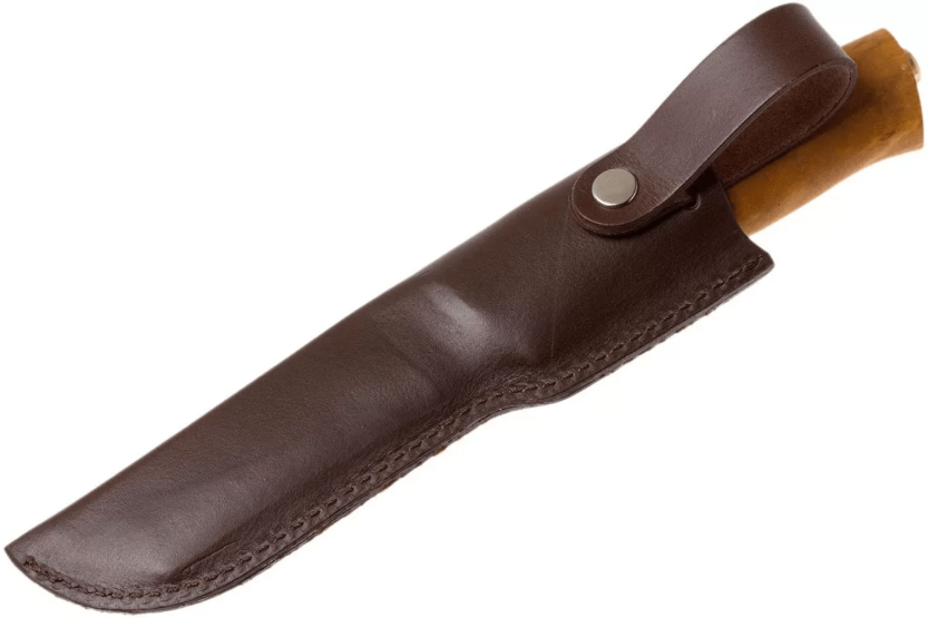 Cuchillo de acero inoxidable Helle Alden H076 10.5cm mango de abedul + funda de cuero