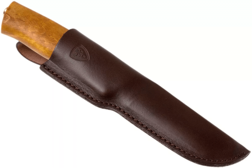 Faca de aço inoxidável Helle Alden H076 Cabo de bétula de 10,5 cm + bainha de couro