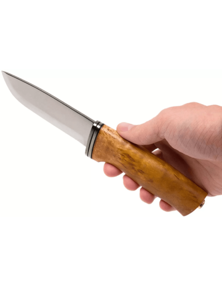 Helle Alden H076 kniv i rustfritt stål 10,5 cm bjørkehåndtak + skinnslire