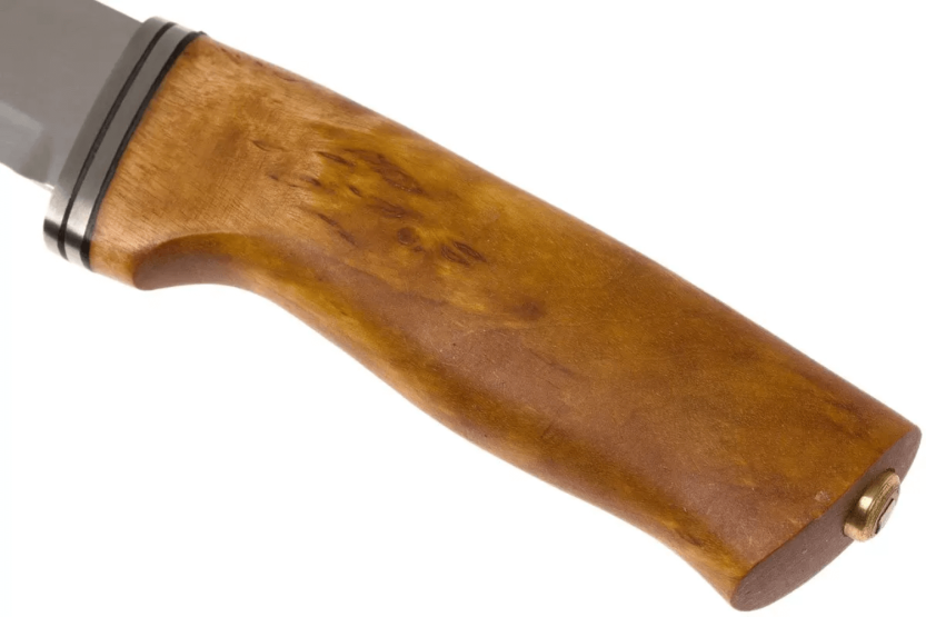 Helle Alden H076 kniv i rustfritt stål 10,5 cm bjørkehåndtak + skinnslire