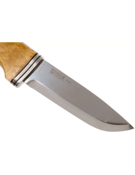 Helle Alden H076 kniv i rustfritt stål 10,5 cm bjørkehåndtak + skinnslire